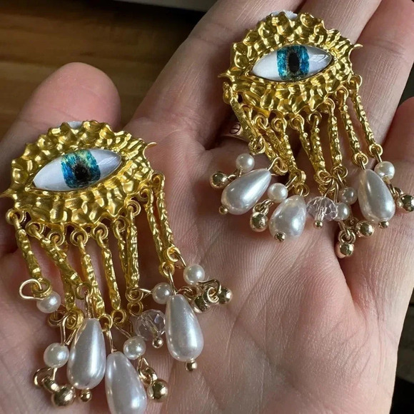 Anthropologie Maison Blue Evil Eye Protection Pearl Dangle Earrings - Picture 7 of 8